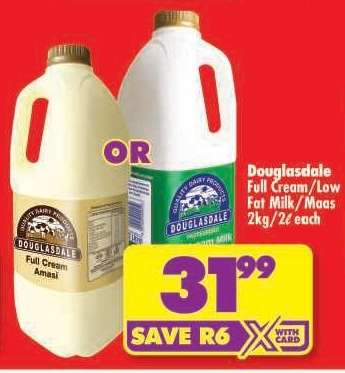 Douglasdale Full Cream/Low Fat Milk/Maas 2kg/2ℓ each