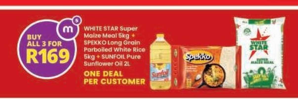 WHITE STAR Super Maize Meal 5kg + SPEKKO Long Grain Parboiled White Rice 5kg + SUNFOIL Pure Sunflower Oil 2L