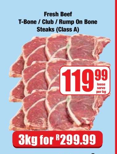 Fresh Beef T-Bone / Club / Rump On Bone Steaks (Class A)
