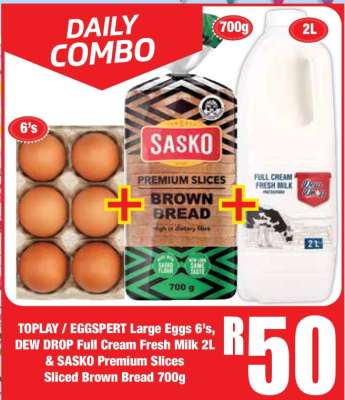 TOPLAY / EGGSpert Large Eggs 6's, DEW DROP Full Cream Fresh Milk 2L & SASKO Premium Slices Sliced Brown Bread 700g
