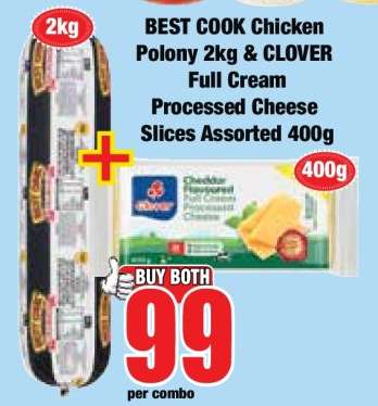 BEST COOK Chicken Polony 2kg & CLOVER Full Cream Processed Cheese Slices Assorted 400g