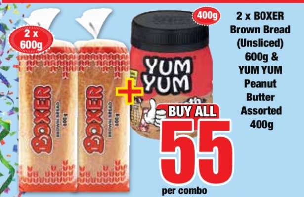 2 x BOXER Brown Bread (Unsliced) 600g & YUM YUM Peanut Butter Assorted 400g
