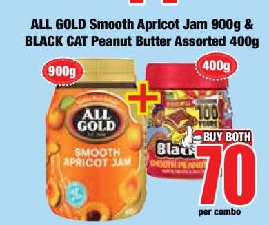 ALL GOLD Smooth Apricot Jam 900g & BLACK CAT Peanut Butter Assorted 400g