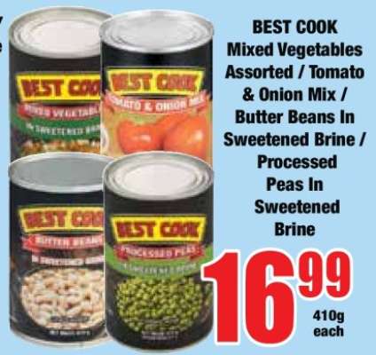 BEST COOK Mixed Vegetables Assorted / Tomato & Onion Mix / Butter Beans In Sweetened Brine / Processed Peas in Sweetened Brine