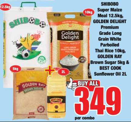 SHIBOBO Super Maize Meal 12.5kg, GOLDEN DELIGHT Premium Grade Long Grain White Parboiled Thai Rice 10kg, GOLDEN RAY Brown Sugar 5kg & BEST COOK Sunflower Oil 2L