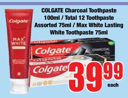 COLGATE Charcoal Toothpaste 100ml / Total 12 Toothpaste Assorted 75ml / Max White Lasting White Toothpaste 75ml