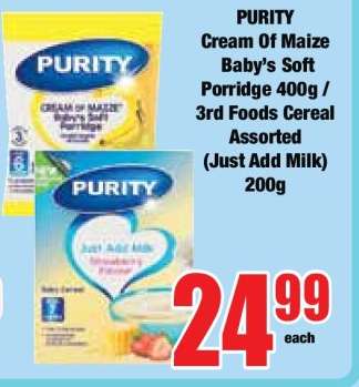 PURITY Cream of Maize Baby’s Soft Porridge 400g / 3rd Foods Cereal Assorted (Just Add Milk) 200g
