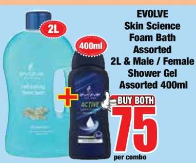 EVOLVE Skin Science Foam Bath Assorted 2L & Male / Female Shower Gel Assorted 400ml