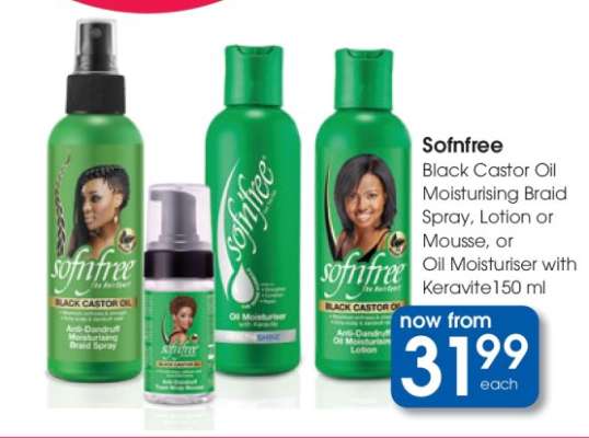 Sofnfree Black Castor Oil Moisturising Braid Spray, Lotion or Mousse, or Oil Moisturiser with Keravite 150 ml