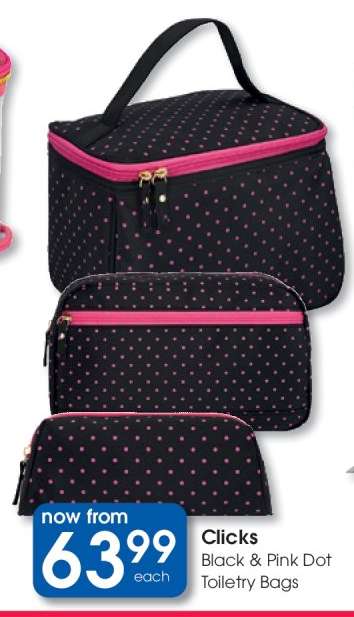 Clicks Black & Pink Dot Toiletry Bags