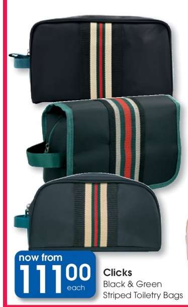 Clicks Black & Green Striped Toiletry Bags