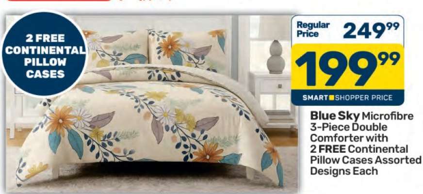 Blue Sky Microfibre 3-Piece Double Comforter with 2 FREE Continental Pillow Cases Assorted Designs Each