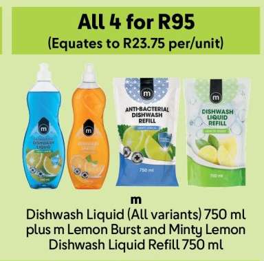 m Dishwash Liquid (All variants) 750 ml plus m Lemon Burst and Minty Lemon Dishwash Liquid Refill 750 ml