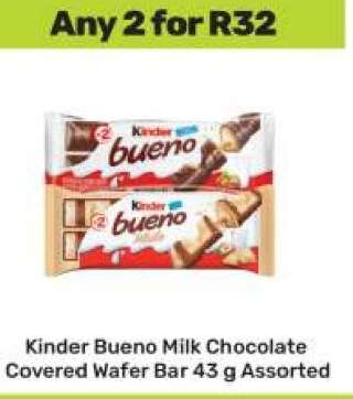 Kinder Bueno Milk Chocolate Covered Wafer Bar 43 g Assorted