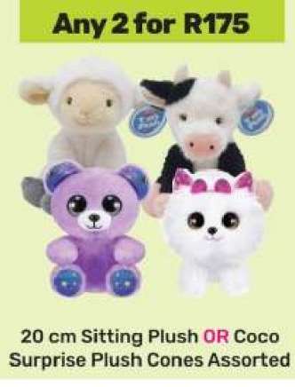 20 cm Sitting Plush OR Coco Surprise Plush Cones Assorted