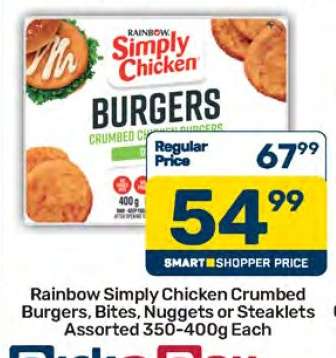 Rainbow Simply Chicken Crumbed Burgers, Bites, Nuggets or Steaklets Assorted 350-400g Each