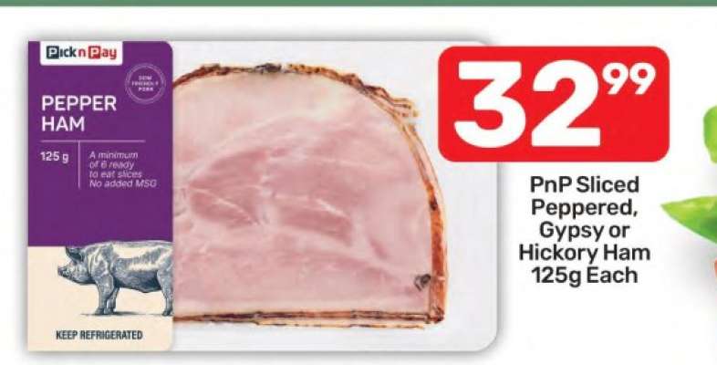 PnP Sliced Peppered, Gypsy or Hickory Ham 125g Each
