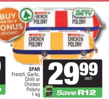 SPAR French, Garlic, Chilli or Chicken Polony