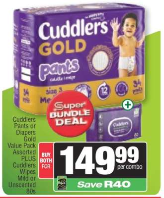 Cuddlers Pants or Diapers Gold Value Pack Assorted PLUS Cuddlers Wipes Mild or Unscented 80s