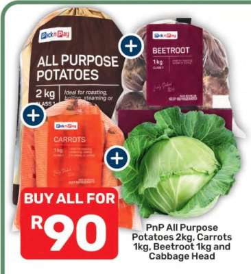 PnP All Purpose Potatoes 2kg, Carrots 1kg, Beetroot 1kg and Cabbage Head