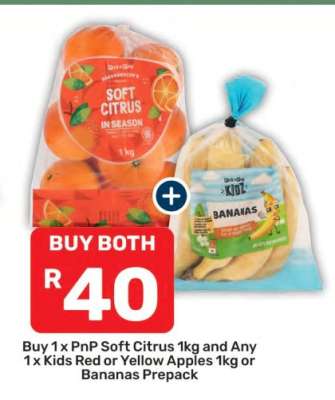PnP Soft Citrus 1kg and Any 1 x Kids Red or Yellow Apples 1kg or Bananas Prepack
