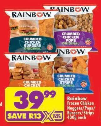 Rainbow Frozen Chicken Nuggets/Pops/Burgers/Strips 400g each