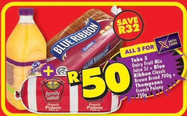 Take 5 Dairy Fruit Mix Juice 2ℓ + Blue Ribbon Classic Brown Bread 700g + Thompsons French Polony 750g