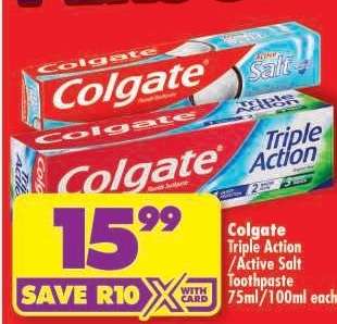 COLGATE TRIPLE ACTION/ACTIVE SALT TOOTHPASTE 75ml/100ml each