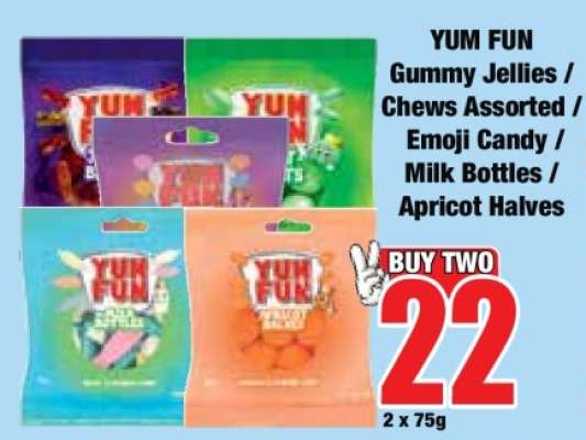 YUM FUN Gummy Jellies / Chews Assorted / Emoji Candy / Milk Bottles / Apricot Halves