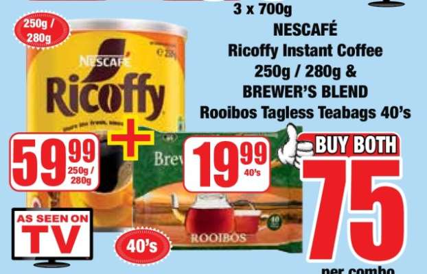 NESCAFÉ Ricoffy Instant Coffee 250g / 280g & BREWER’S BLEND Rooibos Tagless Teabags 40’s