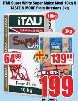 ITAU Super White Super Maize Meal 10kg & TASTE & MORE Plain Russians 3kg