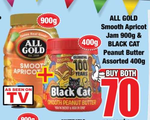 ALL GOLD Smooth Apricot Jam 900g & BLACK CAT Peanut Butter Assorted 400g