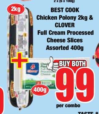 BEST COOK Chicken Polony 2kg & CLOVER Full Cream Processed Cheese Slices Assorted 400g