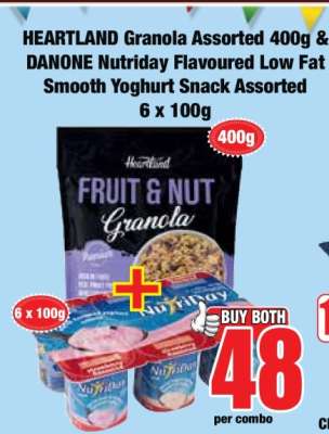 HEARTLAND Granola Assorted 400g & DANONE Nutriday Flavoured Low Fat Smooth Yoghurt Snack Assorted 6 x 100g