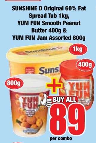 SUNSHINE D Original 60% Fat Spread Tub 1kg, YUM FUN Smooth Peanut Butter 400g & YUM FUN Jam Assorted 800g