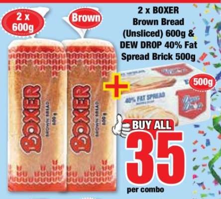 2 x BOXER Brown Bread (Unsliced) 600g & DEW DROP 40% Fat Spread Brick 500g