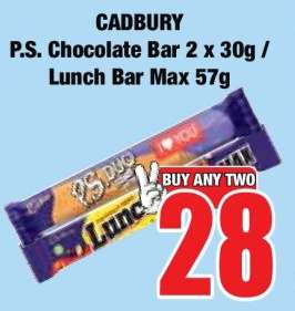 CADBURY P.S. Chocolate Bar 2 x 30g / Lunch Bar Max 57g