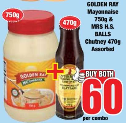 GOLDEN RAY Mayonnaise 750g & MRS H.S. BALLS Chutney 470g Assorted