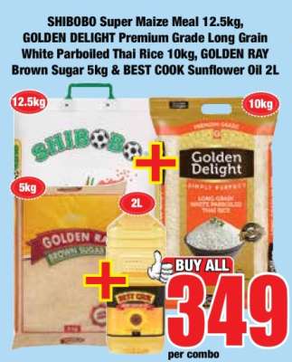 SHIBOBO Super Maize Meal 12.5kg, GOLDEN DELIGHT Premium Grade Long Grain White Parboiled Thai Rice 10kg, GOLDEN RAY Brown Sugar 5kg & BEST COOK Sunflower Oil 2L