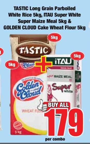 TASTIC Long Grain Parboiled White Rice 5kg, ITAU Super White Super Maize Meal 5kg & GOLDEN CLOUD Cake Wheat Flour 5kg