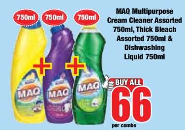 MAQ Multipurpose Cream Cleaner Assorted 750ml, Thick Bleach Assorted 750ml & Dishwashing Liquid 750ml