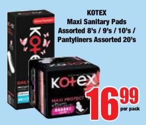 KOTEX Maxi Sanitary Pads Assorted 8's / 9's / 10's / Pantyliners Assorted 20's