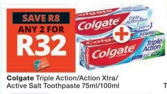Colgate Triple Action/Action Xtra/Active Salt Toothpaste 75ml/100ml