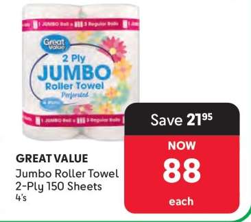 GREAT VALUE Jumbo Roller Towel 2-Ply 150 Sheets 4's