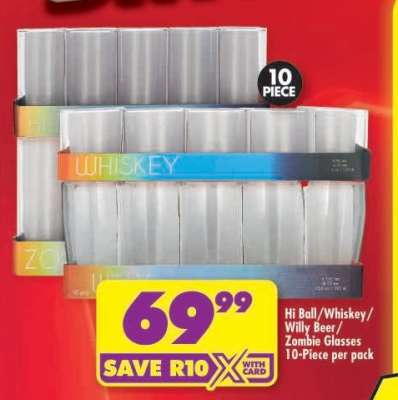 Hi Ball/Whiskey/Willy Beer/Zombie Glasses 10-Piece per pack