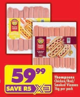 Thompsons Chicken/Red/Smoked Viennas 1kg per pack