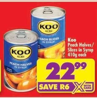KOO PEACH HALVES/SLICES IN SYRUP 410g each
