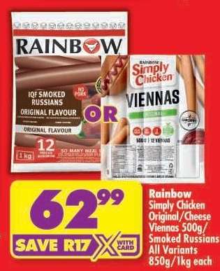 Rainbow Simply Chicken Original/Cheese Viennas 500g/Smoked Russians All Variants 850g/1kg each