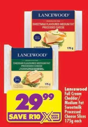 Lancewood Full Cream Cheddar/Medium Fat Sweetmilk Processed Cheese Slices 175g each