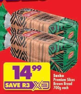 SASKO PREMIUM SLICES BROWN BREAD 700g each